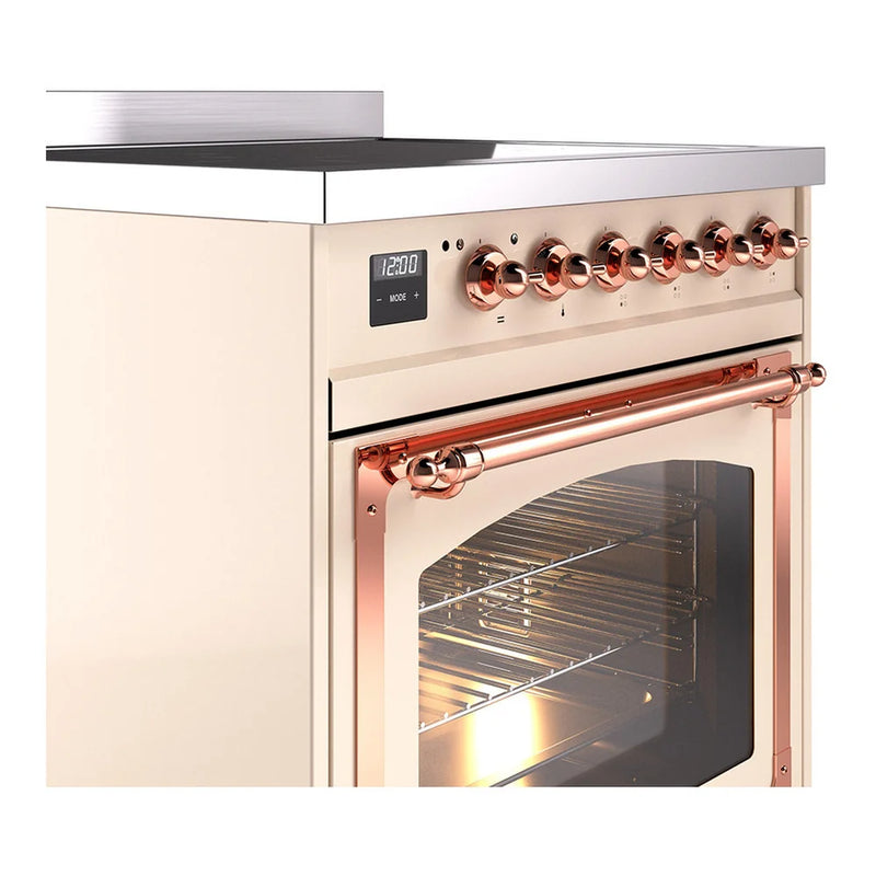 ILVE Nostalgie II Noblesse 30" Induction Freestanding Range in Antique White with Copper Trim, UNI304NMPAWP