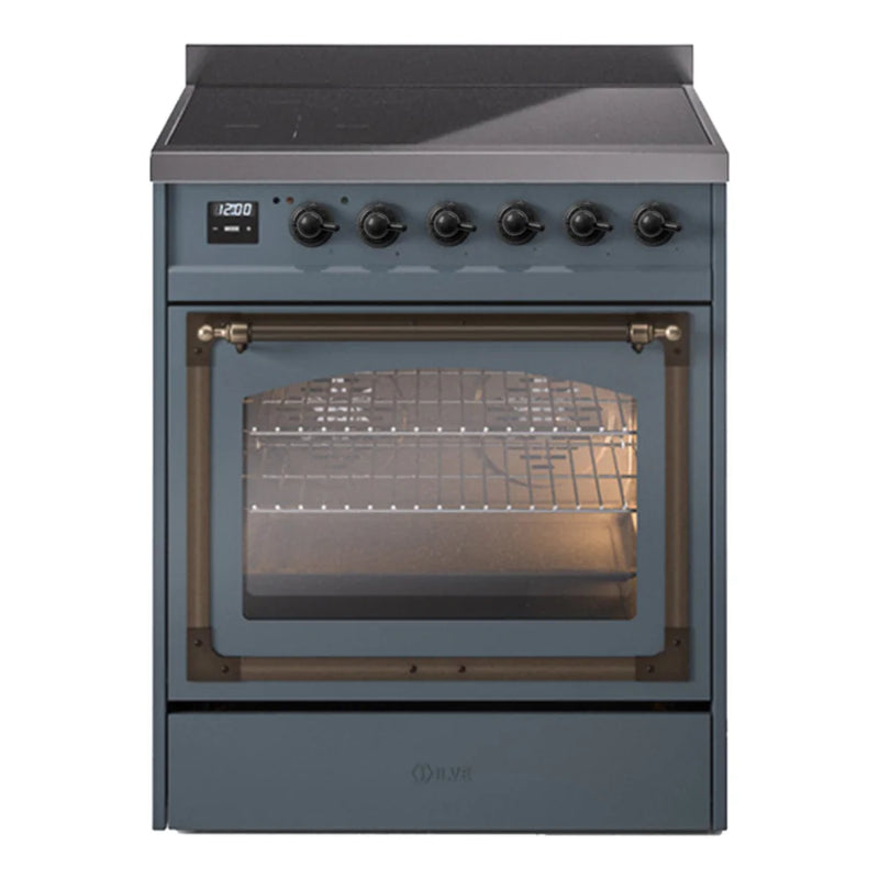 ILVE Nostalgie II Noblesse 30" Induction Freestanding Range in Blue Grey with Burnished Trim, UNI304NMPBGB