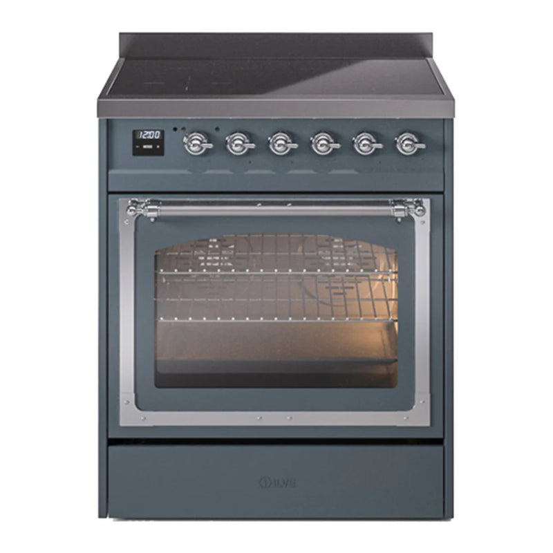 ILVE Nostalgie II Noblesse 30" Induction Freestanding Range in Blue Grey with Chrome Trim, UNI304NMPBGC