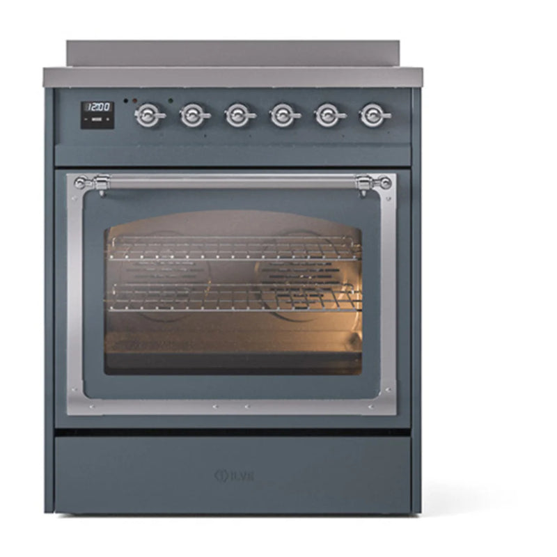 ILVE Nostalgie II Noblesse 30" Induction Freestanding Range in Blue Grey with Chrome Trim, UNI304NMPBGC