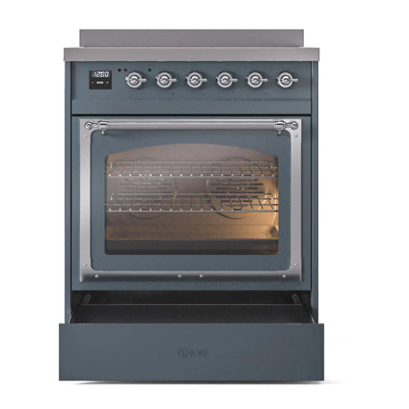 ILVE Nostalgie II Noblesse 30" Induction Freestanding Range in Blue Grey with Chrome Trim, UNI304NMPBGC