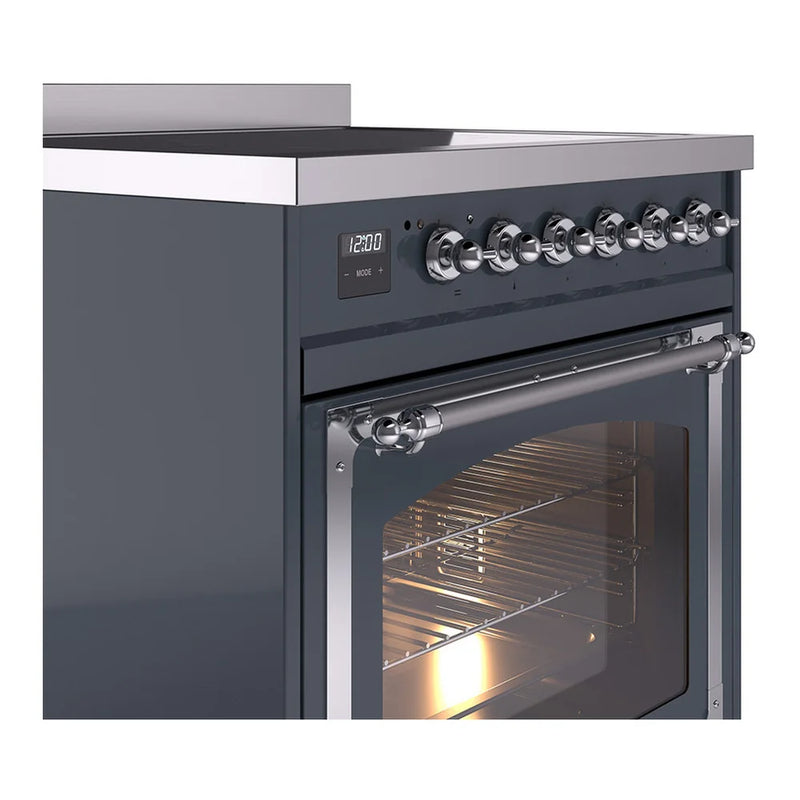 ILVE Nostalgie II Noblesse 30" Induction Freestanding Range in Blue Grey with Chrome Trim, UNI304NMPBGC