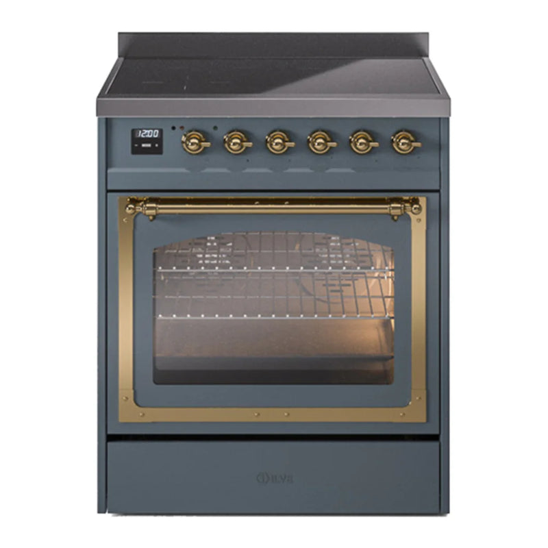 ILVE Nostalgie II Noblesse 30" Induction Freestanding Range in Blue Grey with Brass Trim, UNI304NMPBGG