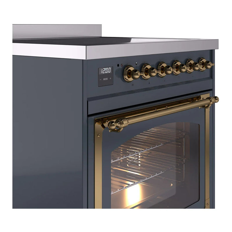 ILVE Nostalgie II Noblesse 30" Induction Freestanding Range in Blue Grey with Brass Trim, UNI304NMPBGG