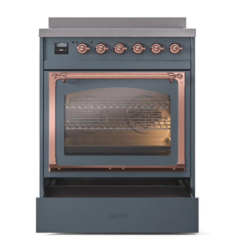 ILVE Nostalgie II Noblesse 30" Induction Freestanding Range in Blue Grey with Copper Trim, UNI304NMPBGP