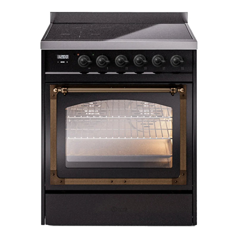ILVE Nostalgie II Noblesse 30" Induction Freestanding Range in Glossy Black with Burnished Trim, UNI304NMPBKB