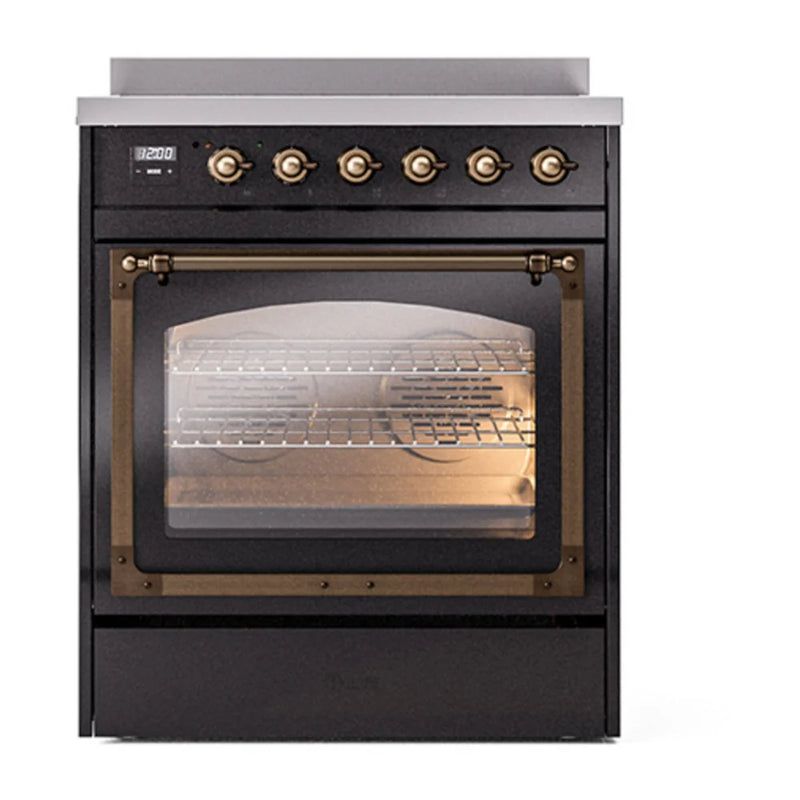 ILVE Nostalgie II Noblesse 30" Induction Freestanding Range in Glossy Black with Burnished Trim, UNI304NMPBKB