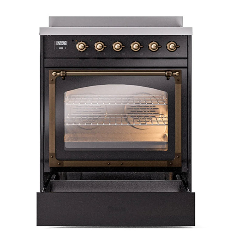 ILVE Nostalgie II Noblesse 30" Induction Freestanding Range in Glossy Black with Burnished Trim, UNI304NMPBKB
