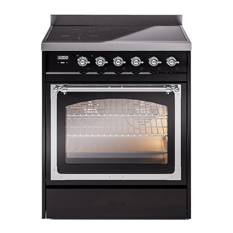 ILVE Nostalgie II Noblesse 30" Induction Freestanding Range in Glossy Black with Chrome Trim, UNI304NMPBKC
