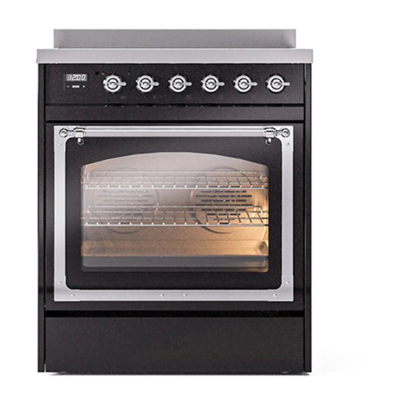 ILVE Nostalgie II Noblesse 30" Induction Freestanding Range in Glossy Black with Chrome Trim, UNI304NMPBKC