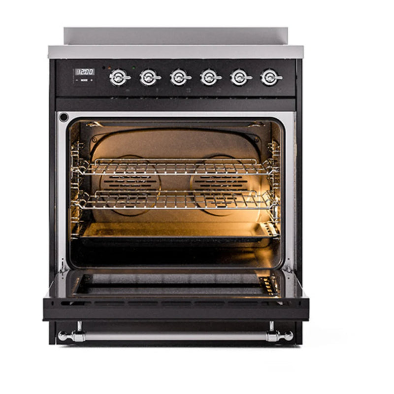 ILVE Nostalgie II Noblesse 30" Induction Freestanding Range in Glossy Black with Chrome Trim, UNI304NMPBKC