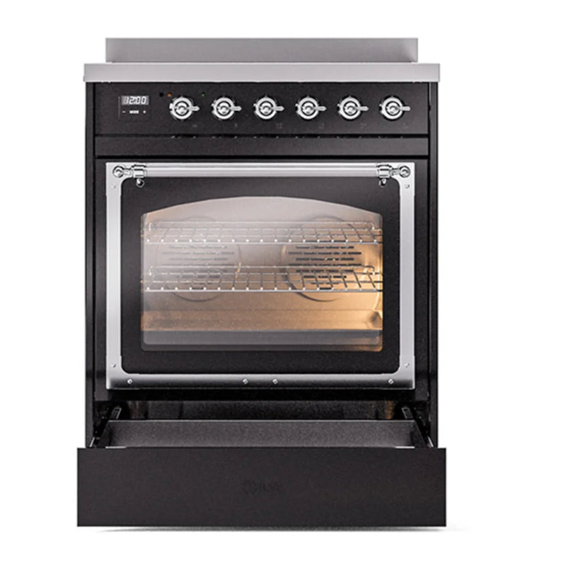ILVE Nostalgie II Noblesse 30" Induction Freestanding Range in Glossy Black with Chrome Trim, UNI304NMPBKC