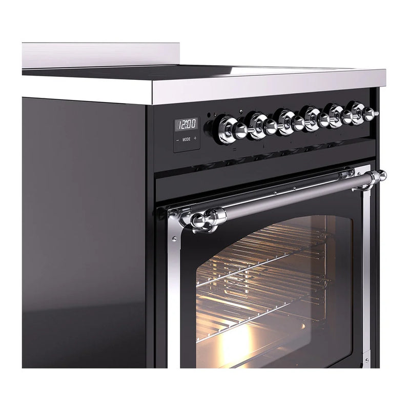 ILVE Nostalgie II Noblesse 30" Induction Freestanding Range in Glossy Black with Chrome Trim, UNI304NMPBKC