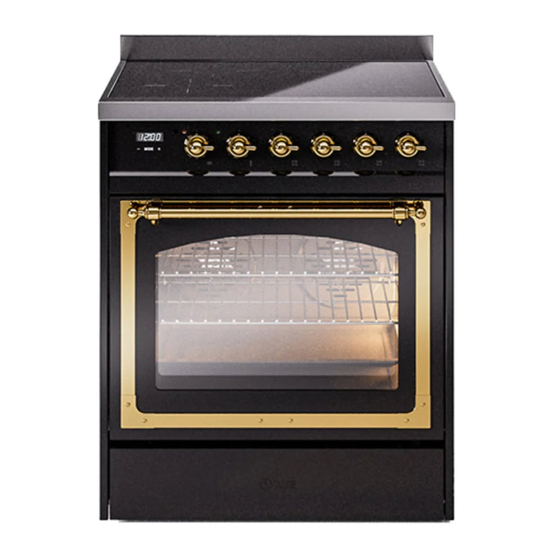 ILVE Nostalgie II Noblesse 30" Induction Freestanding Range in Glossy Black with Brass Trim, UNI304NMPBKG