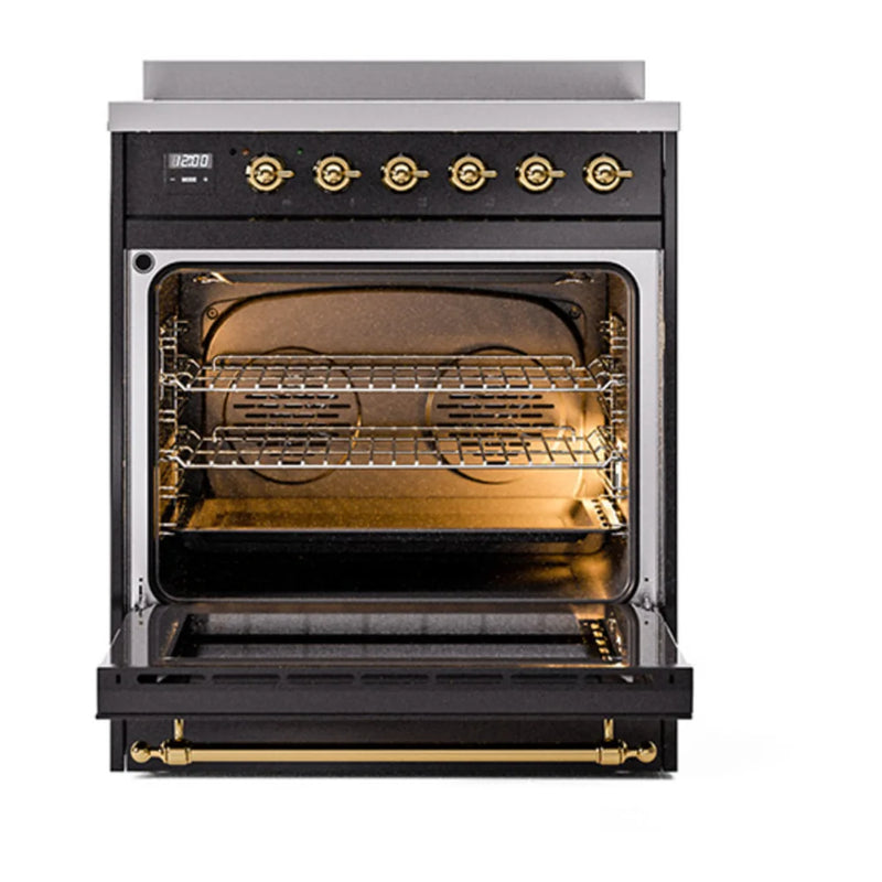 ILVE Nostalgie II Noblesse 30" Induction Freestanding Range in Glossy Black with Brass Trim, UNI304NMPBKG