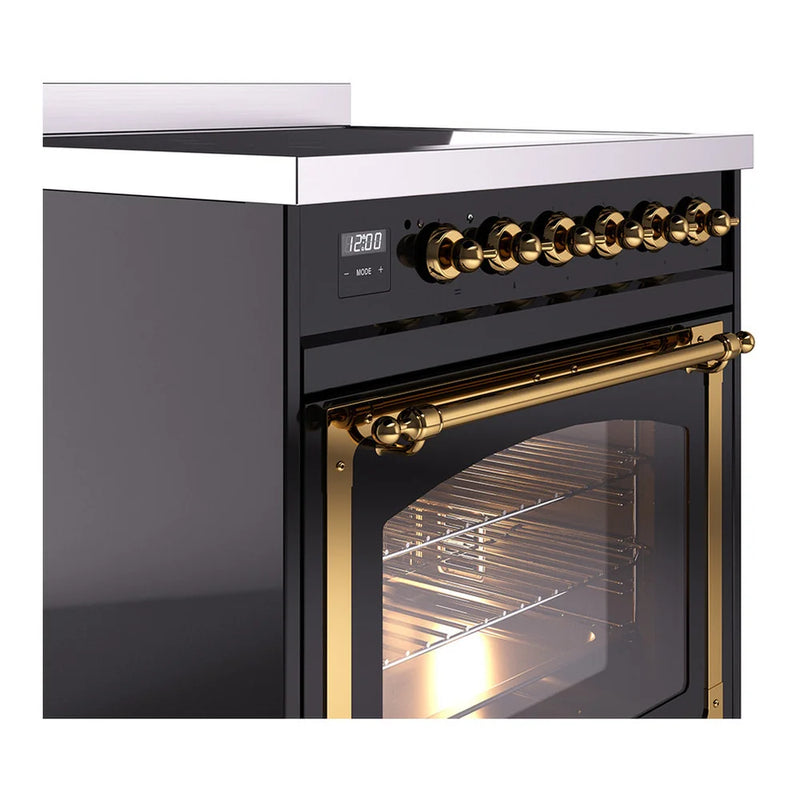 ILVE Nostalgie II Noblesse 30" Induction Freestanding Range in Glossy Black with Brass Trim, UNI304NMPBKG
