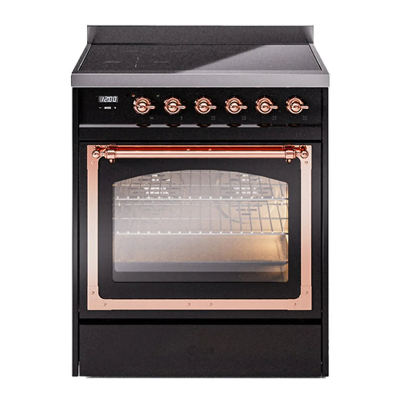 ILVE Nostalgie II Noblesse 30" Induction Freestanding Range in Glossy Black with Copper Trim, UNI304NMPBKP