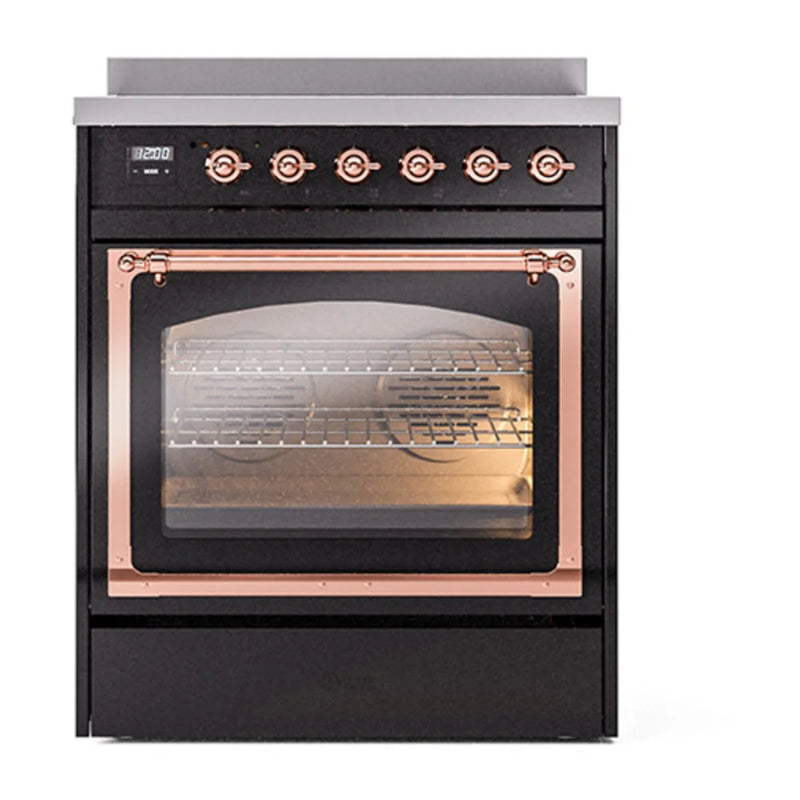 ILVE Nostalgie II Noblesse 30" Induction Freestanding Range in Glossy Black with Copper Trim, UNI304NMPBKP
