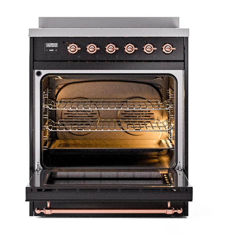 ILVE Nostalgie II Noblesse 30" Induction Freestanding Range in Glossy Black with Copper Trim, UNI304NMPBKP