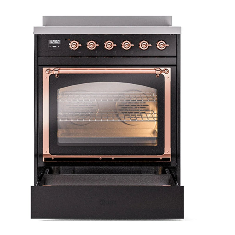 ILVE Nostalgie II Noblesse 30" Induction Freestanding Range in Glossy Black with Copper Trim, UNI304NMPBKP