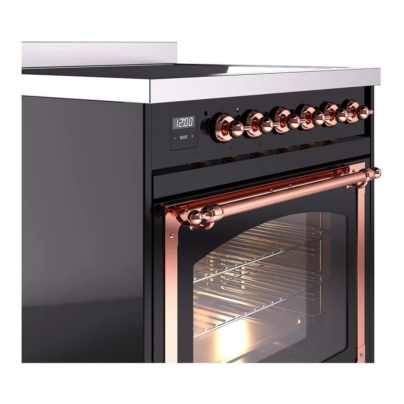 ILVE Nostalgie II Noblesse 30" Induction Freestanding Range in Glossy Black with Copper Trim, UNI304NMPBKP