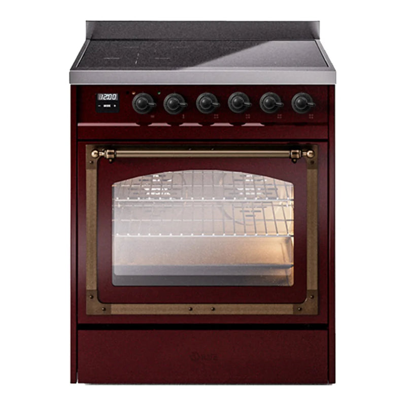 ILVE Nostalgie II Noblesse 30" Induction Freestanding Range in Burgundy with Burnished Trim, UNI304NMPBUB
