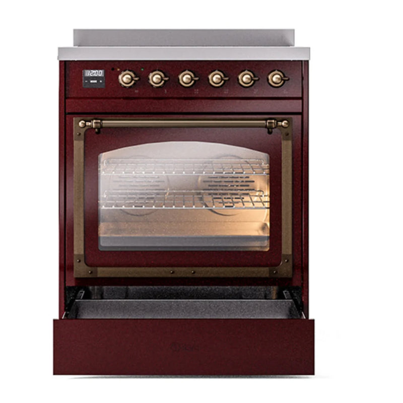ILVE Nostalgie II Noblesse 30" Induction Freestanding Range in Burgundy with Burnished Trim, UNI304NMPBUB