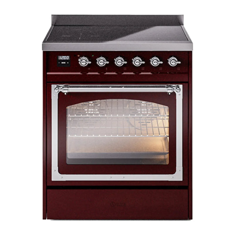 ILVE Nostalgie II Noblesse 30" Induction Freestanding Range in Burgundy with Chrome Trim, UNI304NMPBUC