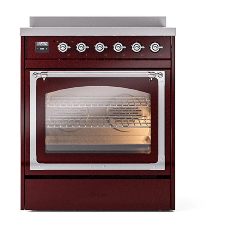 ILVE Nostalgie II Noblesse 30" Induction Freestanding Range in Burgundy with Chrome Trim, UNI304NMPBUC