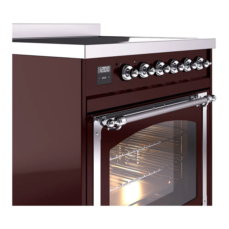 ILVE Nostalgie II Noblesse 30" Induction Freestanding Range in Burgundy with Chrome Trim, UNI304NMPBUC