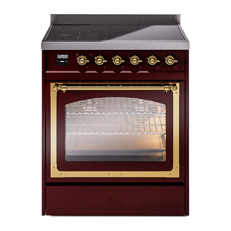ILVE Nostalgie II Noblesse 30" Induction Freestanding Range in Burgundy with Brass Trim, UNI304NMPBUG