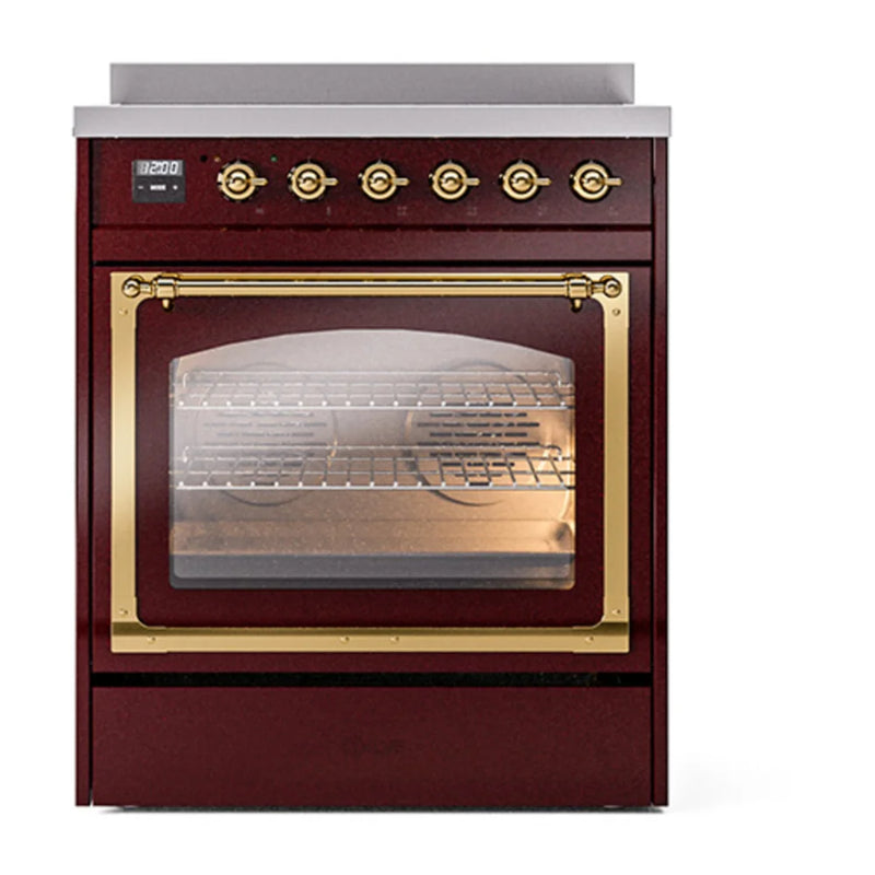 ILVE Nostalgie II Noblesse 30" Induction Freestanding Range in Burgundy with Brass Trim, UNI304NMPBUG