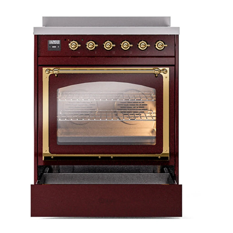 ILVE Nostalgie II Noblesse 30" Induction Freestanding Range in Burgundy with Brass Trim, UNI304NMPBUG