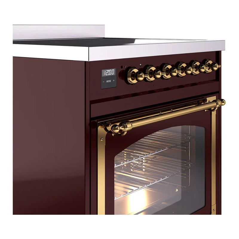 ILVE Nostalgie II Noblesse 30" Induction Freestanding Range in Burgundy with Brass Trim, UNI304NMPBUG