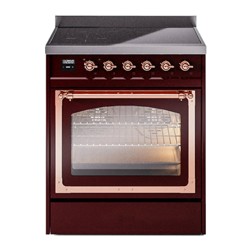 ILVE Nostalgie II Noblesse 30" Induction Freestanding Range in Burgundy with Copper Trim, UNI304NMPBUP
