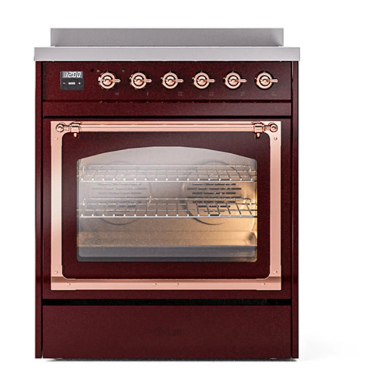 ILVE Nostalgie II Noblesse 30" Induction Freestanding Range in Burgundy with Copper Trim, UNI304NMPBUP