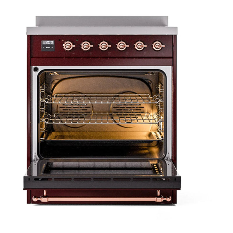 ILVE Nostalgie II Noblesse 30" Induction Freestanding Range in Burgundy with Copper Trim, UNI304NMPBUP
