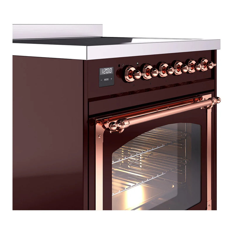 ILVE Nostalgie II Noblesse 30" Induction Freestanding Range in Burgundy with Copper Trim, UNI304NMPBUP