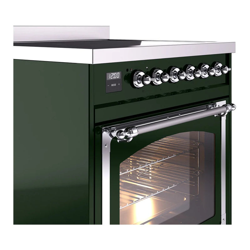 ILVE Nostalgie II Noblesse 30" Induction Freestanding Range in Emerald Green with Chrome Trim, UNI304NMPEGC