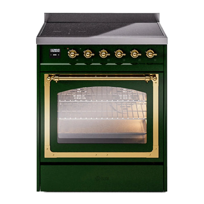 ILVE Nostalgie II Noblesse 30" Induction Freestanding Range in Emerald Green with Brass Trim, UNI304NMPEGG