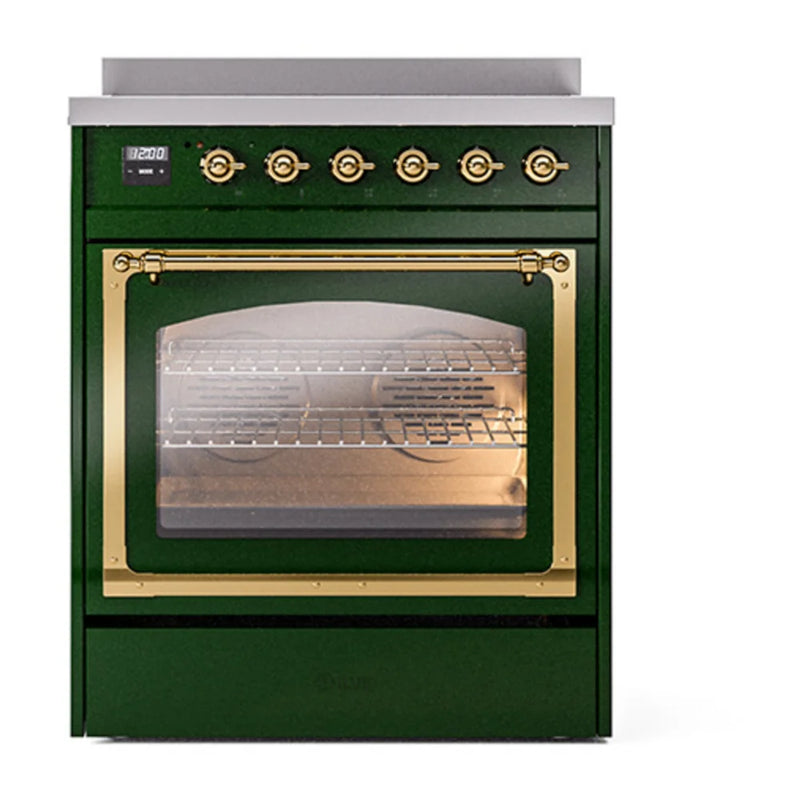 ILVE Nostalgie II Noblesse 30" Induction Freestanding Range in Emerald Green with Brass Trim, UNI304NMPEGG