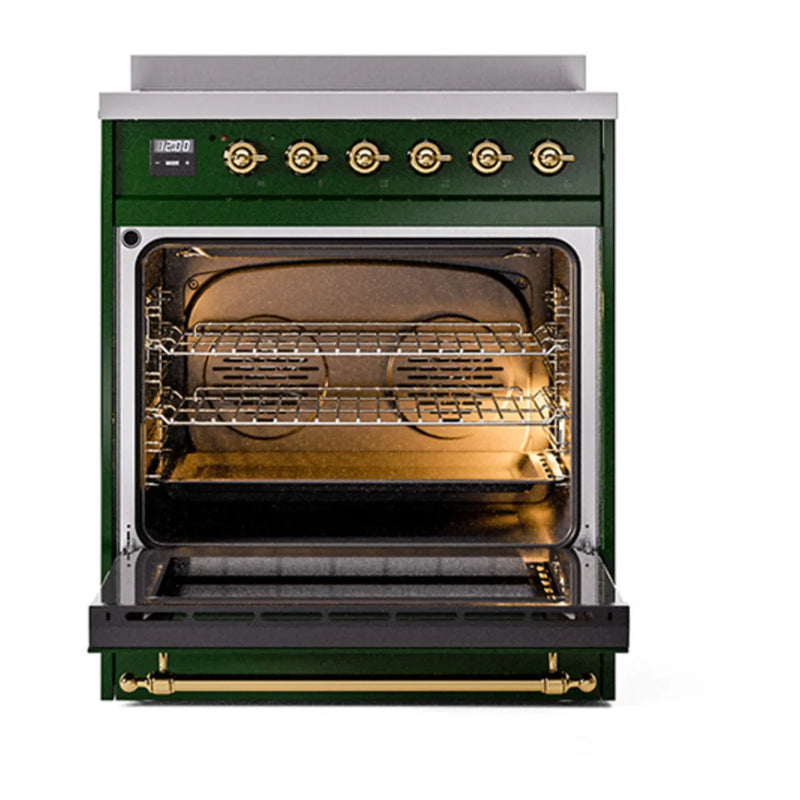 ILVE Nostalgie II Noblesse 30" Induction Freestanding Range in Emerald Green with Brass Trim, UNI304NMPEGG
