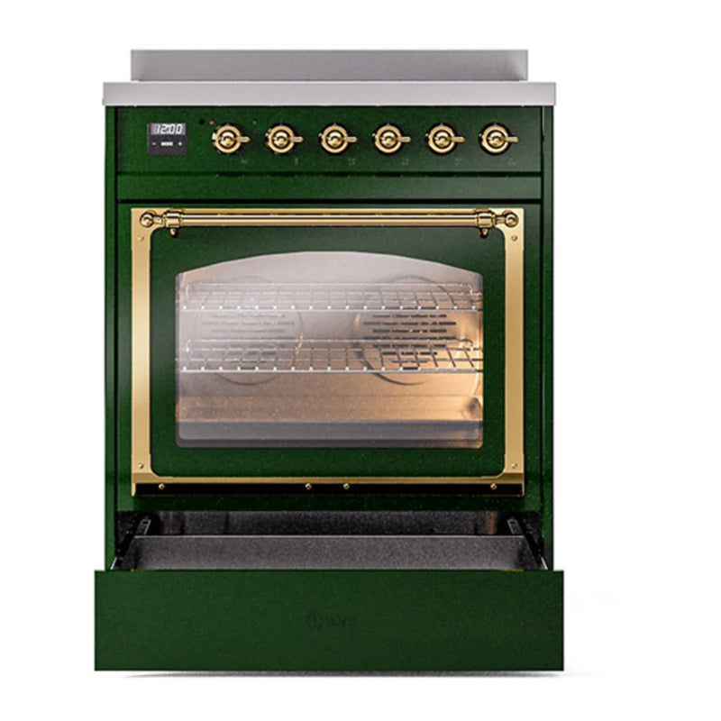 ILVE Nostalgie II Noblesse 30" Induction Freestanding Range in Emerald Green with Brass Trim, UNI304NMPEGG