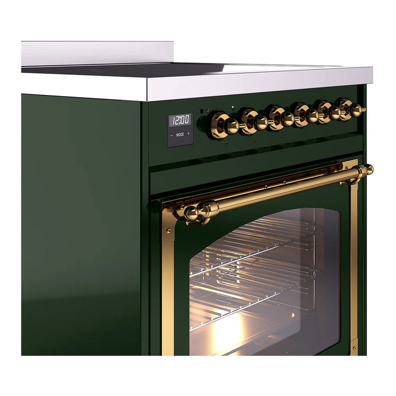 ILVE Nostalgie II Noblesse 30" Induction Freestanding Range in Emerald Green with Brass Trim, UNI304NMPEGG