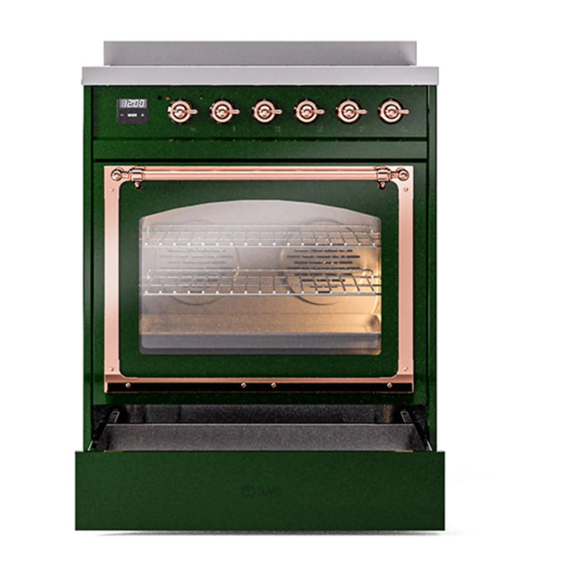 ILVE Nostalgie II Noblesse 30" Induction Freestanding Range in Emerald Green with Copper Trim, UNI304NMPEGP