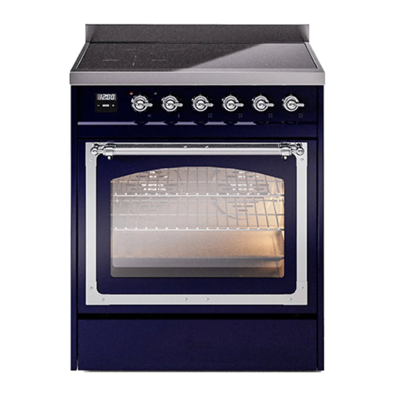 ILVE Nostalgie II Noblesse 30" Induction Freestanding Range in Midnight Blue with Chrome Trim, UNI304NMPMBC
