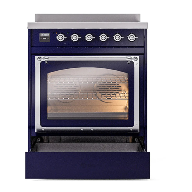 ILVE Nostalgie II Noblesse 30" Induction Freestanding Range in Midnight Blue with Chrome Trim, UNI304NMPMBC