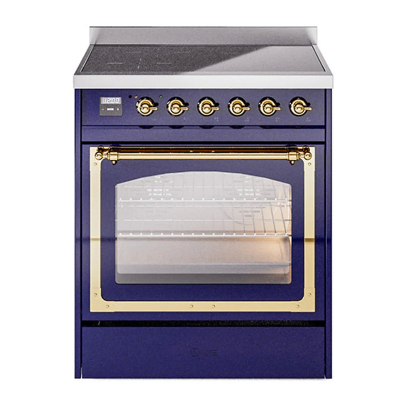 ILVE Nostalgie II Noblesse 30" Induction Freestanding Range in Midnight Blue with Brass Trim, UNI304NMPMBG