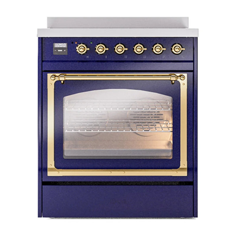 ILVE Nostalgie II Noblesse 30" Induction Freestanding Range in Midnight Blue with Brass Trim, UNI304NMPMBG