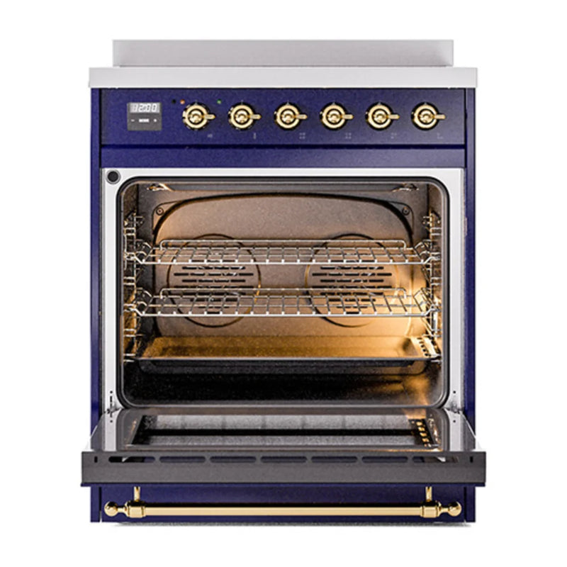 ILVE Nostalgie II Noblesse 30" Induction Freestanding Range in Midnight Blue with Brass Trim, UNI304NMPMBG